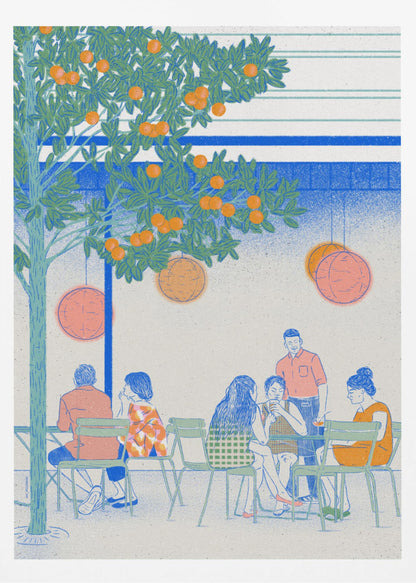 A stylized illustration of people relaxing at an outdoor cafe under a large orange tree. The scene is rendered in a limited color palette of blue, green, and orange, with a grainy texture. Several figures are seated at green chairs around tables, while round lanterns hang from the tree branches above. Wall Art