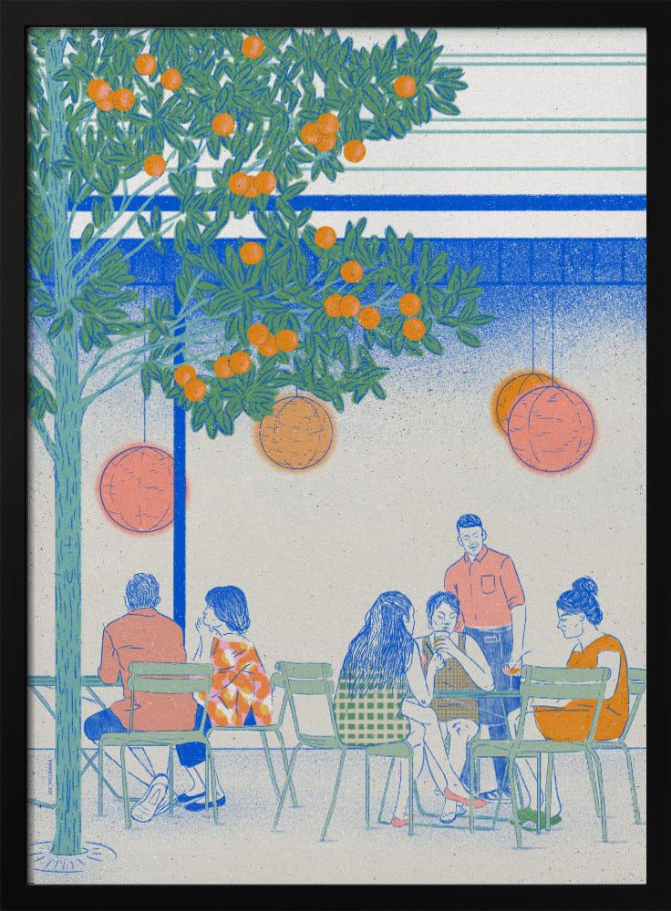 A stylized illustration of people relaxing at an outdoor cafe under a large orange tree. The scene is rendered in a limited color palette of blue, green, and orange, with a grainy texture. Several figures are seated at green chairs around tables, while round lanterns hang from the tree branches above. Wall Art