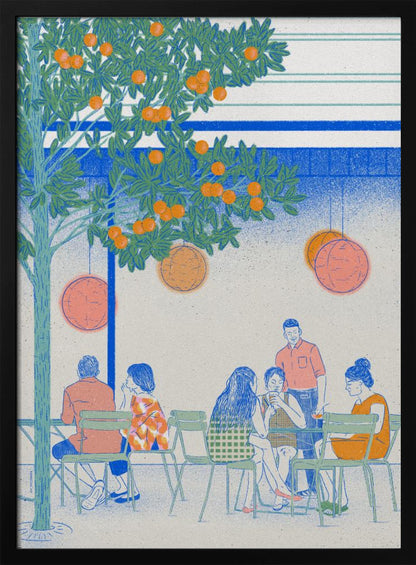 A stylized illustration of people relaxing at an outdoor cafe under a large orange tree. The scene is rendered in a limited color palette of blue, green, and orange, with a grainy texture. Several figures are seated at green chairs around tables, while round lanterns hang from the tree branches above. Wall Art