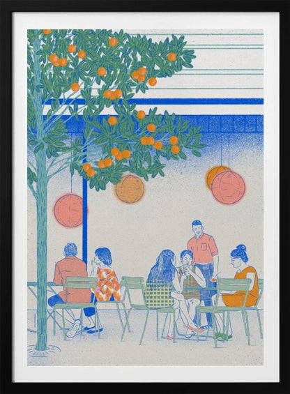 A stylized illustration of people relaxing at an outdoor cafe under a large orange tree. The scene is rendered in a limited color palette of blue, green, and orange, with a grainy texture. Several figures are seated at green chairs around tables, while round lanterns hang from the tree branches above. Wall Art