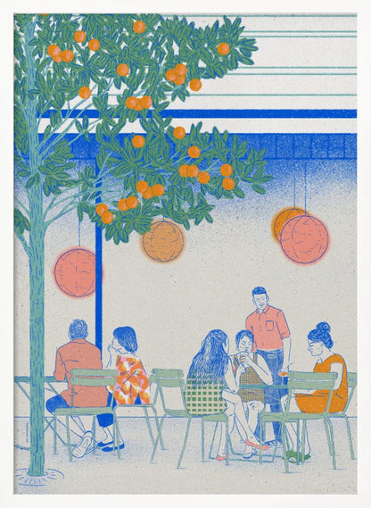A stylized illustration of people relaxing at an outdoor cafe under a large orange tree. The scene is rendered in a limited color palette of blue, green, and orange, with a grainy texture. Several figures are seated at green chairs around tables, while round lanterns hang from the tree branches above. Wall Art