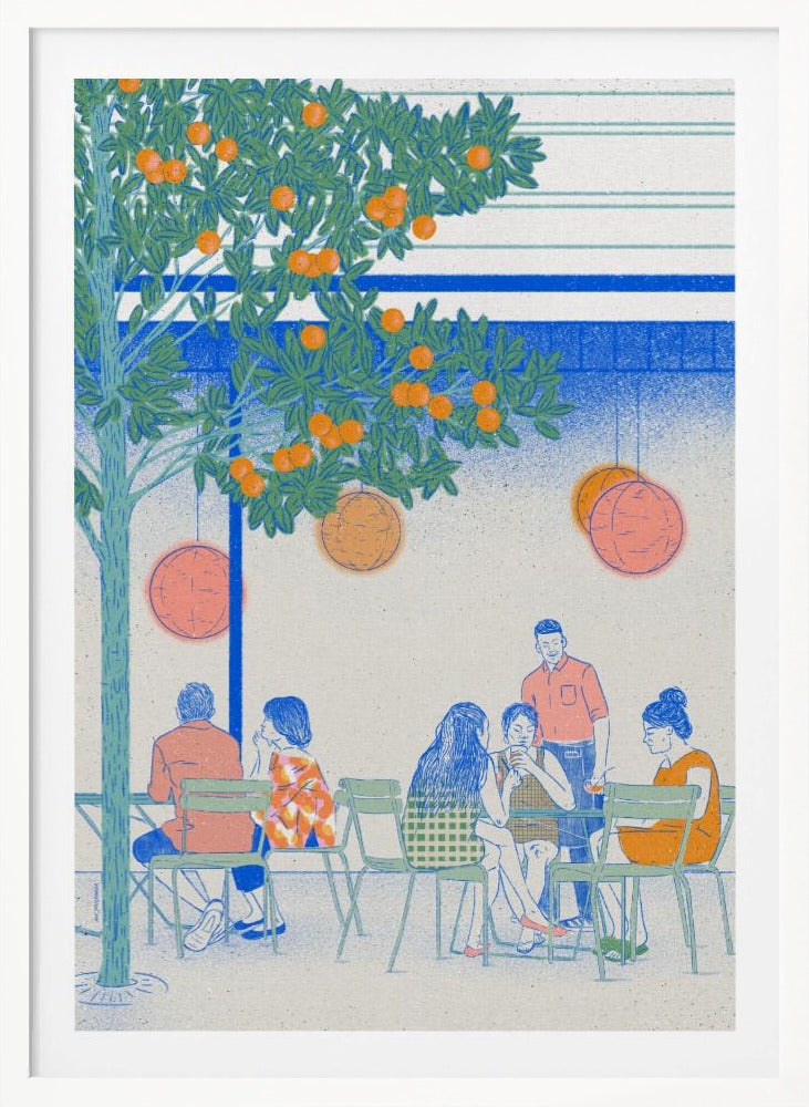 A stylized illustration of people relaxing at an outdoor cafe under a large orange tree. The scene is rendered in a limited color palette of blue, green, and orange, with a grainy texture. Several figures are seated at green chairs around tables, while round lanterns hang from the tree branches above. Wall Art