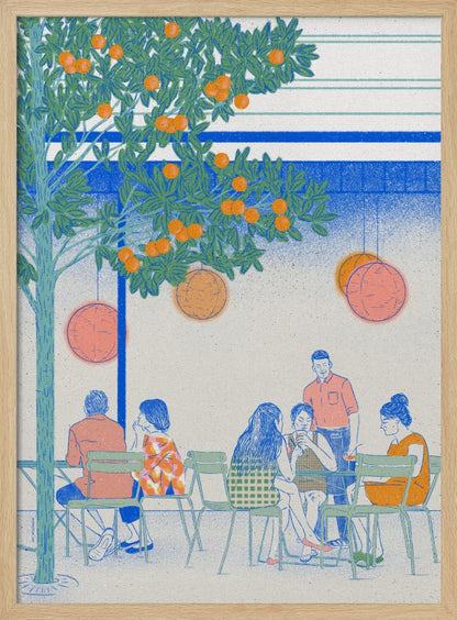 A stylized illustration of people relaxing at an outdoor cafe under a large orange tree. The scene is rendered in a limited color palette of blue, green, and orange, with a grainy texture. Several figures are seated at green chairs around tables, while round lanterns hang from the tree branches above. Wall Art