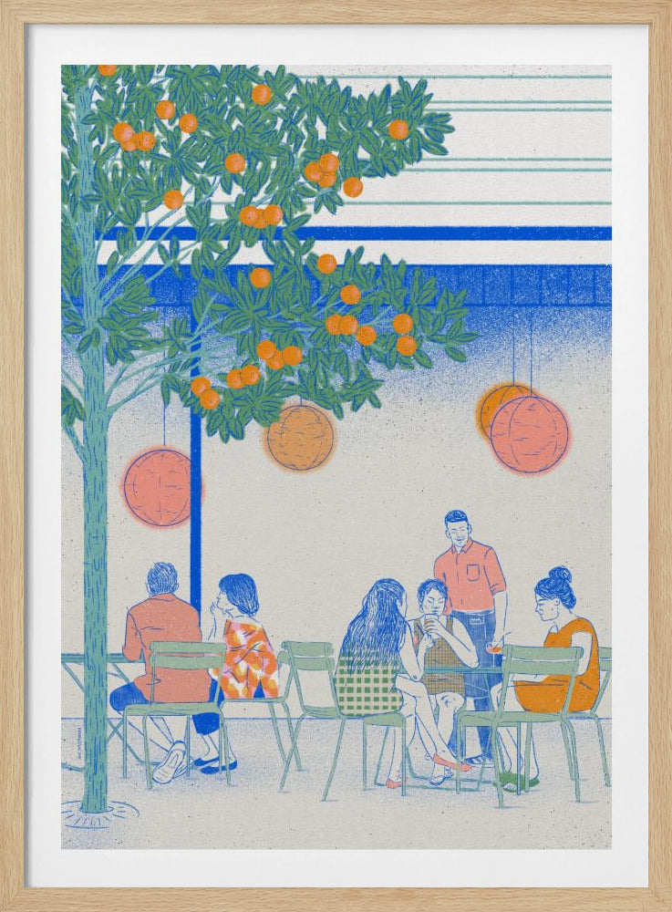 A stylized illustration of people relaxing at an outdoor cafe under a large orange tree. The scene is rendered in a limited color palette of blue, green, and orange, with a grainy texture. Several figures are seated at green chairs around tables, while round lanterns hang from the tree branches above. Wall Art