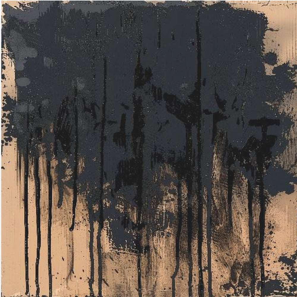 An abstract painting in a light wood frame featuring a textured beige background with thick, glossy black paint heavily applied across the top half, with prominent drips and splatters running down the canvas. Poster