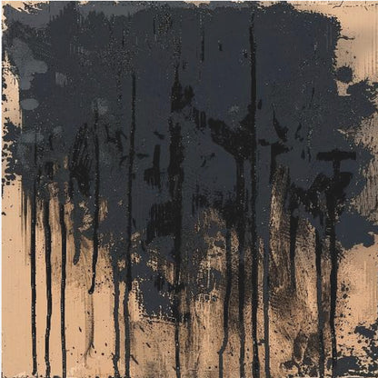 An abstract painting in a light wood frame featuring a textured beige background with thick, glossy black paint heavily applied across the top half, with prominent drips and splatters running down the canvas. Poster