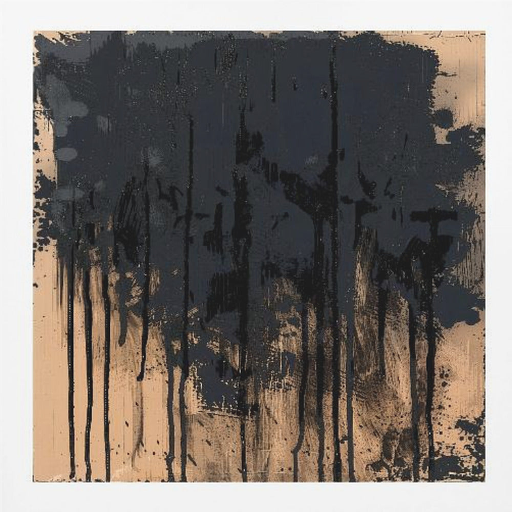 An abstract painting in a light wood frame featuring a textured beige background with thick, glossy black paint heavily applied across the top half, with prominent drips and splatters running down the canvas. Poster