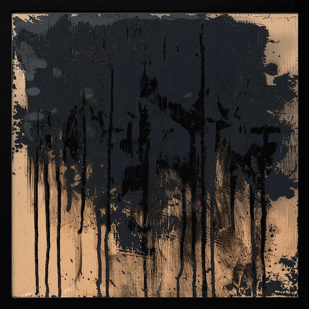 An abstract painting in a light wood frame featuring a textured beige background with thick, glossy black paint heavily applied across the top half, with prominent drips and splatters running down the canvas. Poster