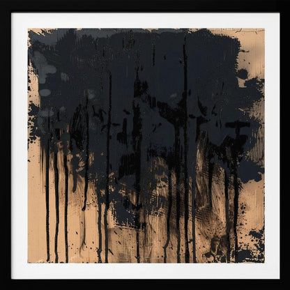 An abstract painting in a light wood frame featuring a textured beige background with thick, glossy black paint heavily applied across the top half, with prominent drips and splatters running down the canvas. Poster