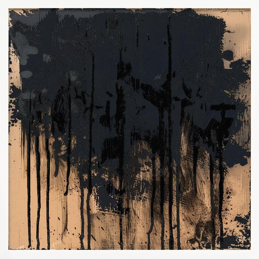 An abstract painting in a light wood frame featuring a textured beige background with thick, glossy black paint heavily applied across the top half, with prominent drips and splatters running down the canvas. Poster