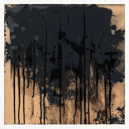 An abstract painting in a light wood frame featuring a textured beige background with thick, glossy black paint heavily applied across the top half, with prominent drips and splatters running down the canvas. Poster