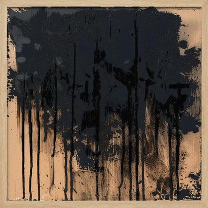 An abstract painting in a light wood frame featuring a textured beige background with thick, glossy black paint heavily applied across the top half, with prominent drips and splatters running down the canvas. Poster