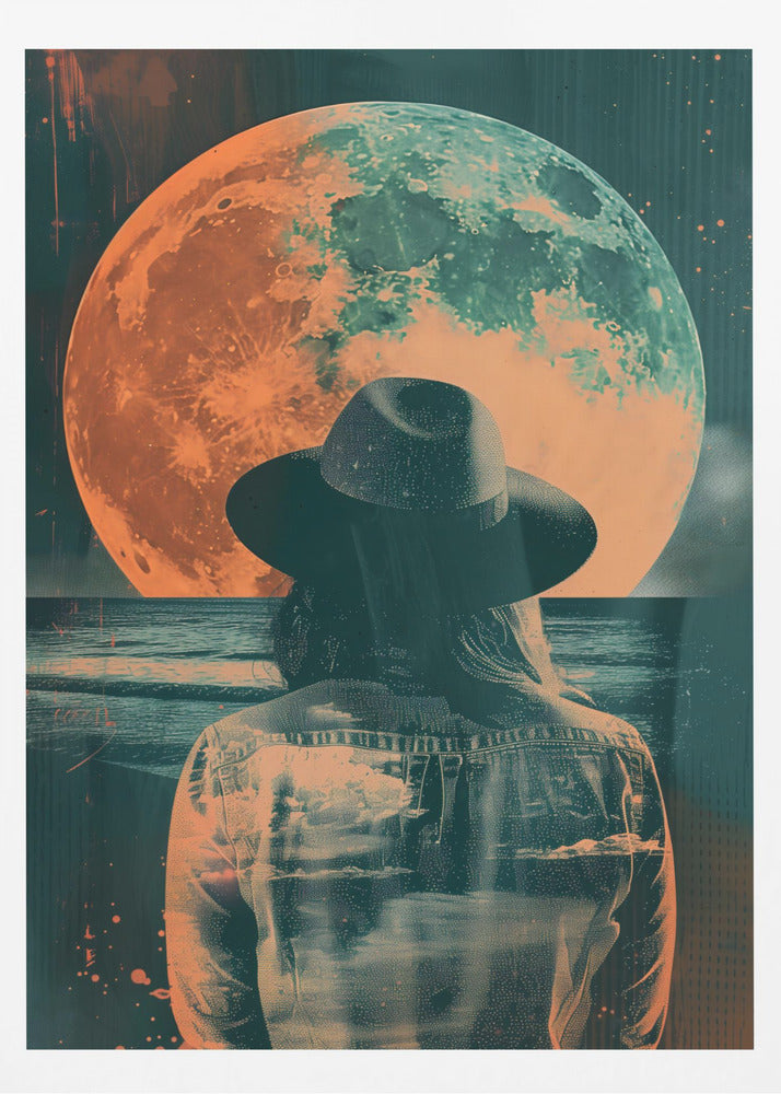 A surreal piece of art depicting a woman from behind, wearing a black fedora and a denim jacket. She is looking out over a dark sea towards a giant, textured moon that is colored in orange and teal, hanging in a starry night sky. The image has a distressed, double-exposure style. Artwork