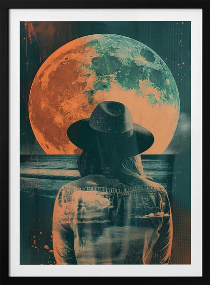 A surreal piece of art depicting a woman from behind, wearing a black fedora and a denim jacket. She is looking out over a dark sea towards a giant, textured moon that is colored in orange and teal, hanging in a starry night sky. The image has a distressed, double-exposure style. Artwork