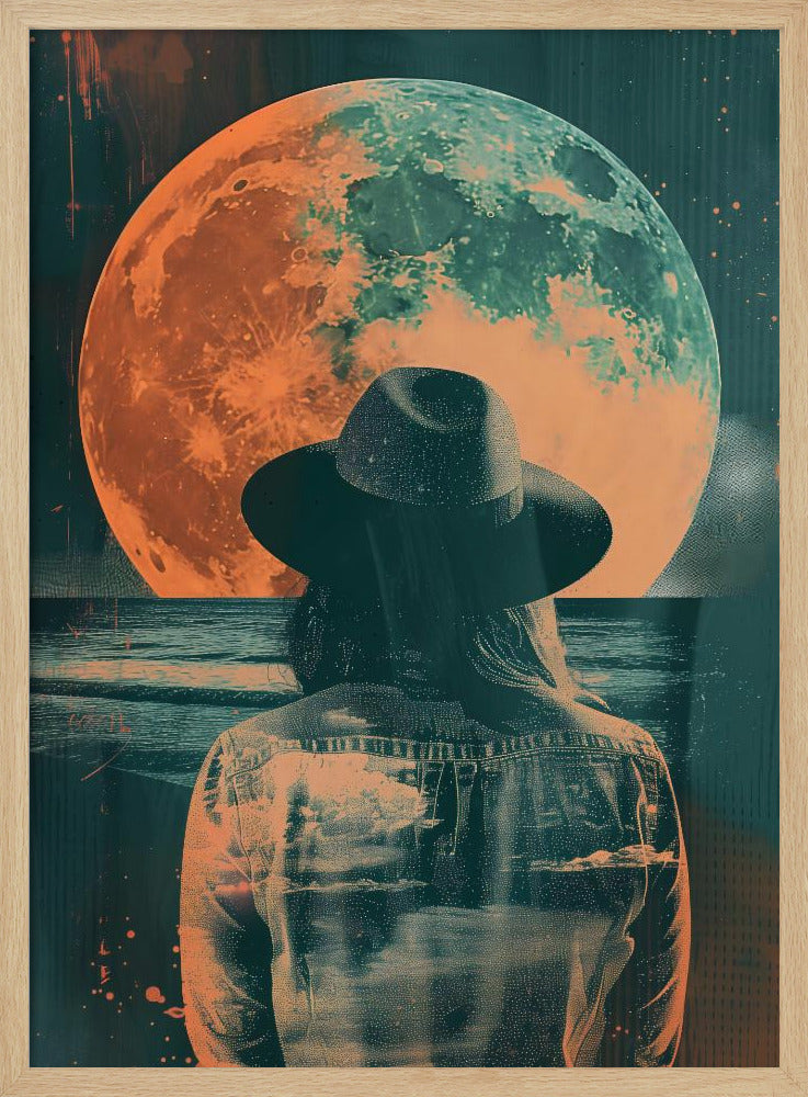 A surreal piece of art depicting a woman from behind, wearing a black fedora and a denim jacket. She is looking out over a dark sea towards a giant, textured moon that is colored in orange and teal, hanging in a starry night sky. The image has a distressed, double-exposure style. Artwork