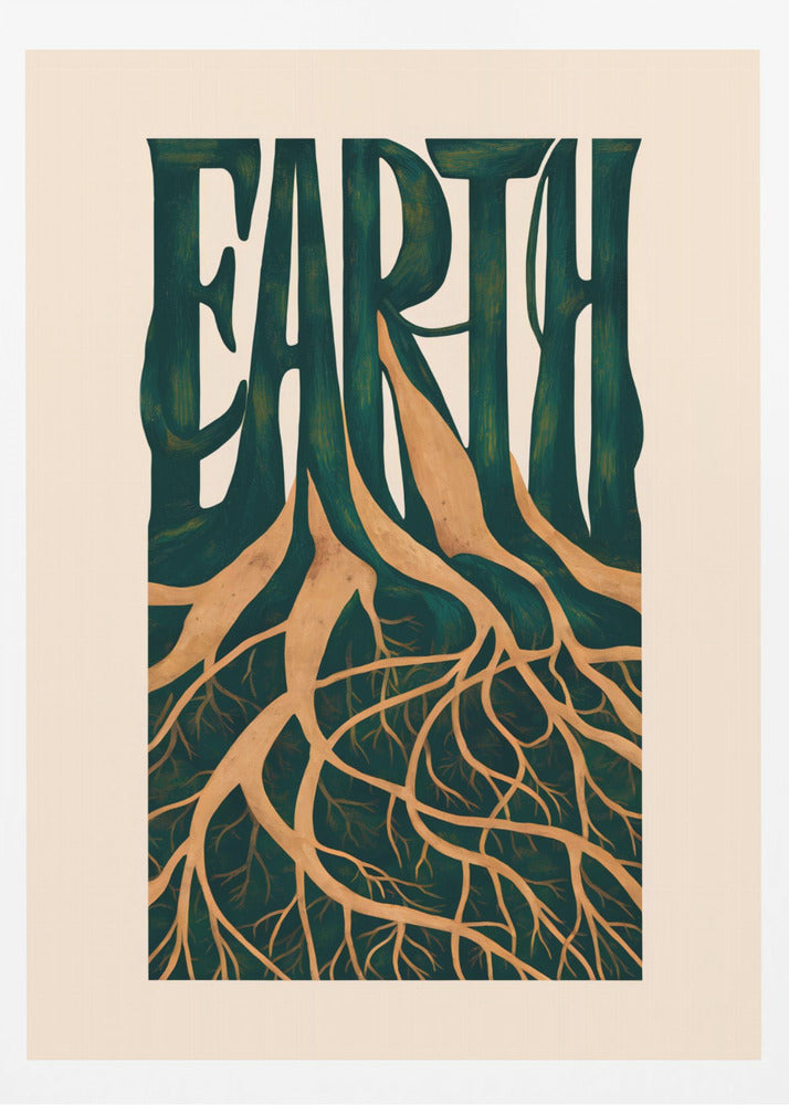 An illustrative art print featuring the word 'EARTH' in large, dark green, stylized letters. The letters seamlessly transform into tree trunks, with an intricate network of golden-brown roots extending downwards, all set against a cream-colored background and framed in black. Artwork