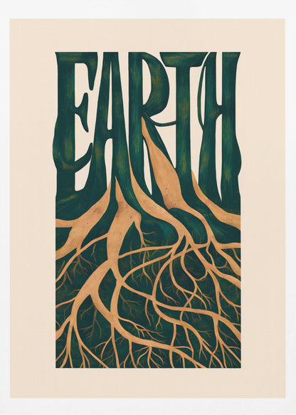 An illustrative art print featuring the word 'EARTH' in large, dark green, stylized letters. The letters seamlessly transform into tree trunks, with an intricate network of golden-brown roots extending downwards, all set against a cream-colored background and framed in black. Artwork
