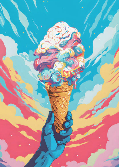 A vibrant, pop-art style illustration of a blue-skinned hand holding up a waffle cone piled high with swirling, multi-colored ice cream against a dynamic sky of colorful clouds in shades of blue, pink, and yellow. Decor