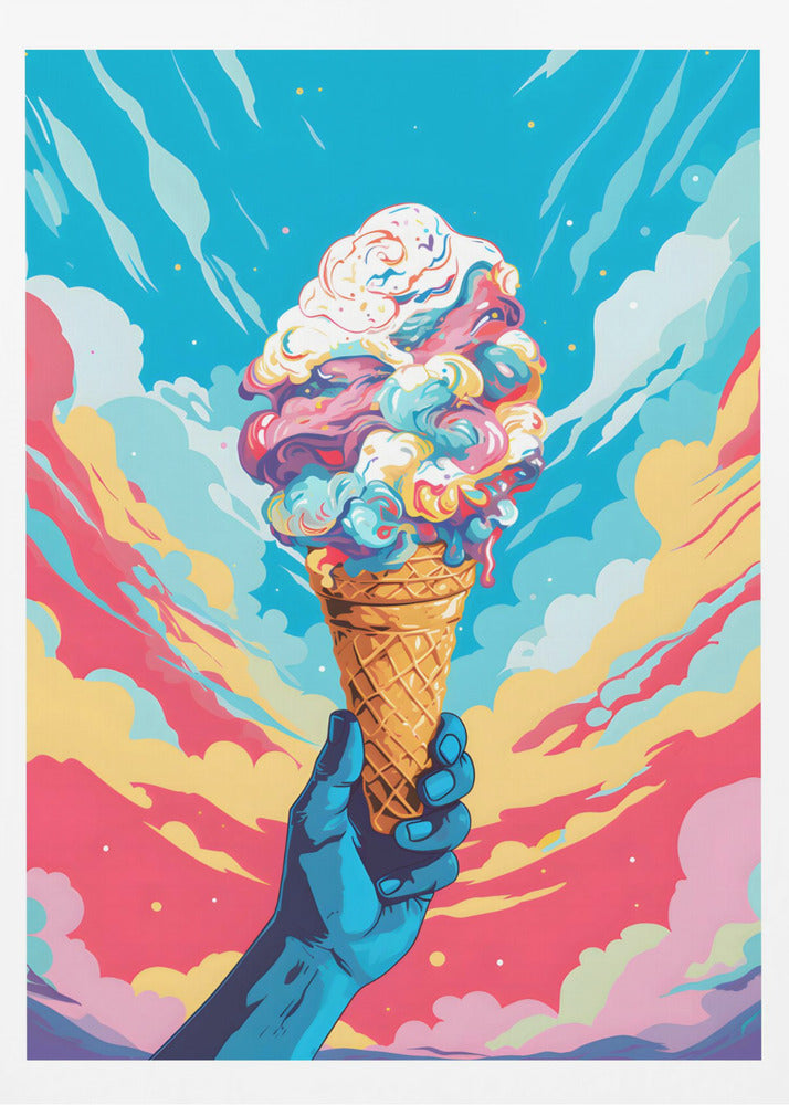 A vibrant, pop-art style illustration of a blue-skinned hand holding up a waffle cone piled high with swirling, multi-colored ice cream against a dynamic sky of colorful clouds in shades of blue, pink, and yellow. Decor