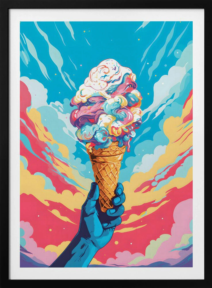 A vibrant, pop-art style illustration of a blue-skinned hand holding up a waffle cone piled high with swirling, multi-colored ice cream against a dynamic sky of colorful clouds in shades of blue, pink, and yellow. Decor