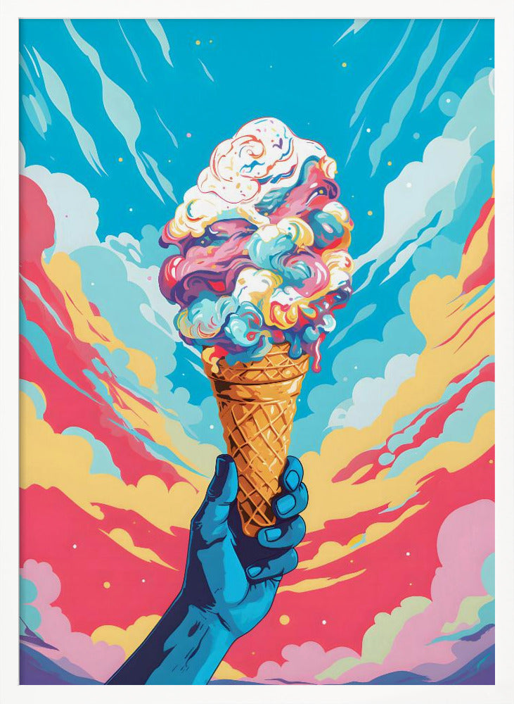 A vibrant, pop-art style illustration of a blue-skinned hand holding up a waffle cone piled high with swirling, multi-colored ice cream against a dynamic sky of colorful clouds in shades of blue, pink, and yellow. Decor