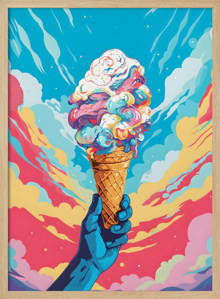 A vibrant, pop-art style illustration of a blue-skinned hand holding up a waffle cone piled high with swirling, multi-colored ice cream against a dynamic sky of colorful clouds in shades of blue, pink, and yellow. Decor
