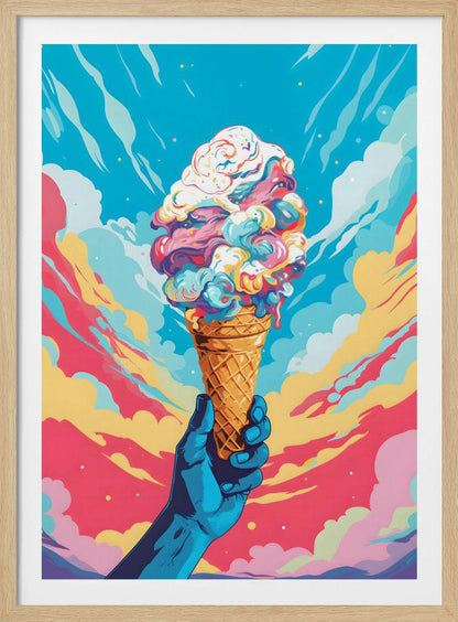 A vibrant, pop-art style illustration of a blue-skinned hand holding up a waffle cone piled high with swirling, multi-colored ice cream against a dynamic sky of colorful clouds in shades of blue, pink, and yellow. Decor