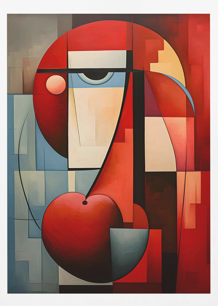 A vibrant abstract painting in a cubist style, featuring a deconstructed face. The composition is dominated by bold red geometric shapes, including a large circle for the head and a heart-like or cherry shape at the bottom. A single stylized eye looks out from a field of cream and light blue blocks, all intersected by strong black lines and planes of color. Artwork