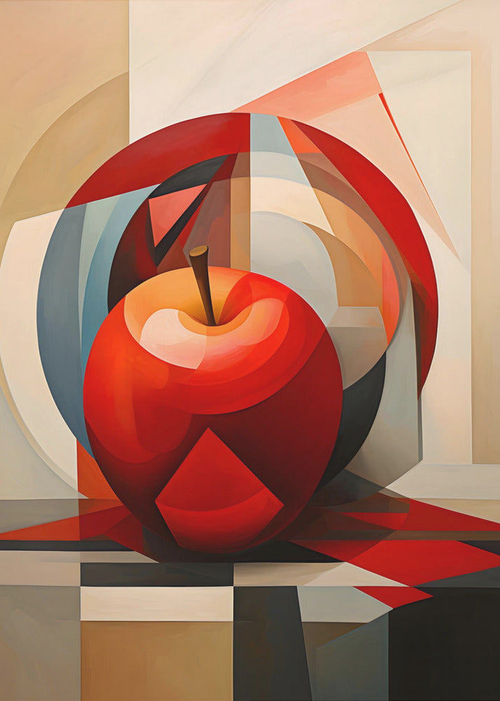 A cubist-style painting of a shiny red apple resting on a checkered surface. The background is a complex composition of overlapping geometric shapes and arcs in shades of red, blue, beige, and gray, creating a fragmented and multi-dimensional still life. Artwork