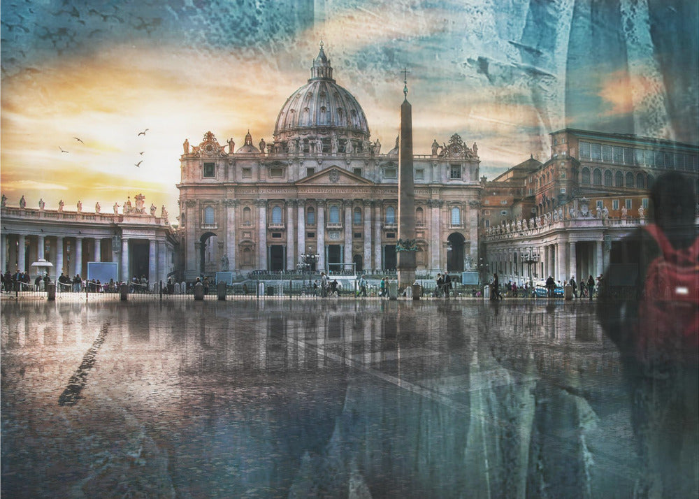 An artistic photograph of St. Peter's Basilica in Vatican City at sunset, with its reflection visible on the wet cobblestones of the square. The image has a textured overlay and a ghostly silhouette of a person with a red backpack on the right, all enclosed in a silver frame. Wall Art