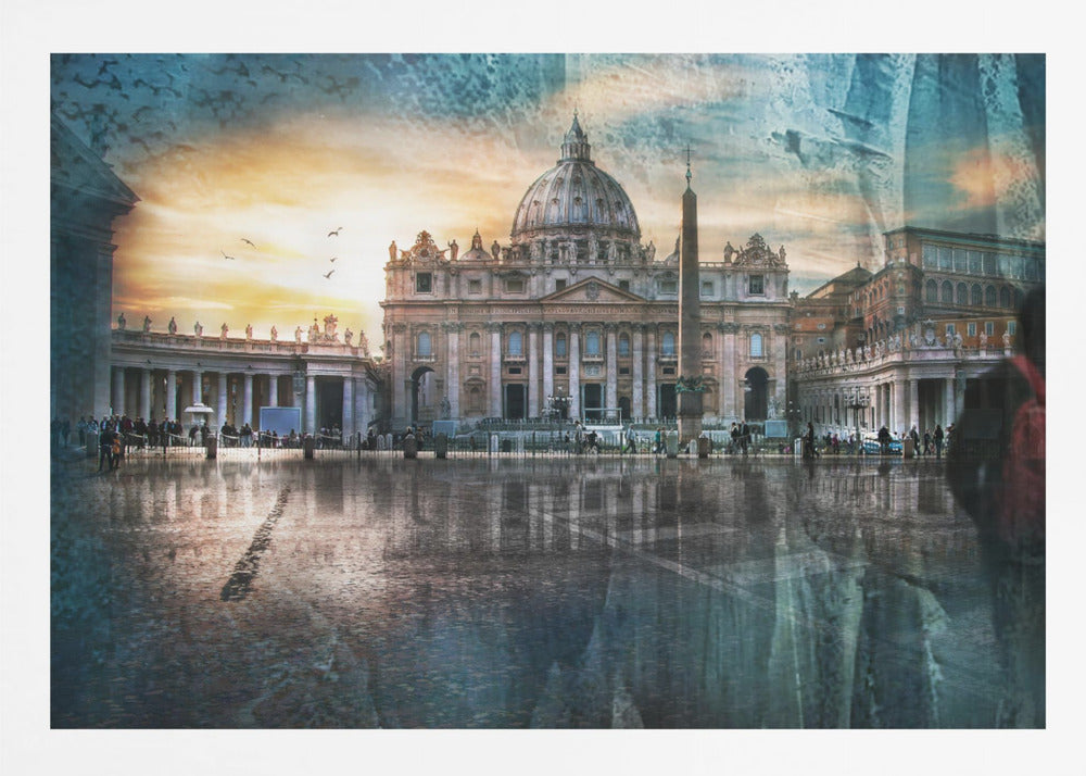 An artistic photograph of St. Peter's Basilica in Vatican City at sunset, with its reflection visible on the wet cobblestones of the square. The image has a textured overlay and a ghostly silhouette of a person with a red backpack on the right, all enclosed in a silver frame. Wall Art