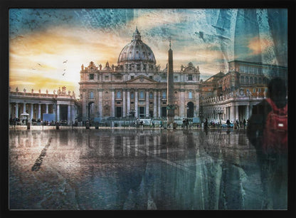 An artistic photograph of St. Peter's Basilica in Vatican City at sunset, with its reflection visible on the wet cobblestones of the square. The image has a textured overlay and a ghostly silhouette of a person with a red backpack on the right, all enclosed in a silver frame. Wall Art