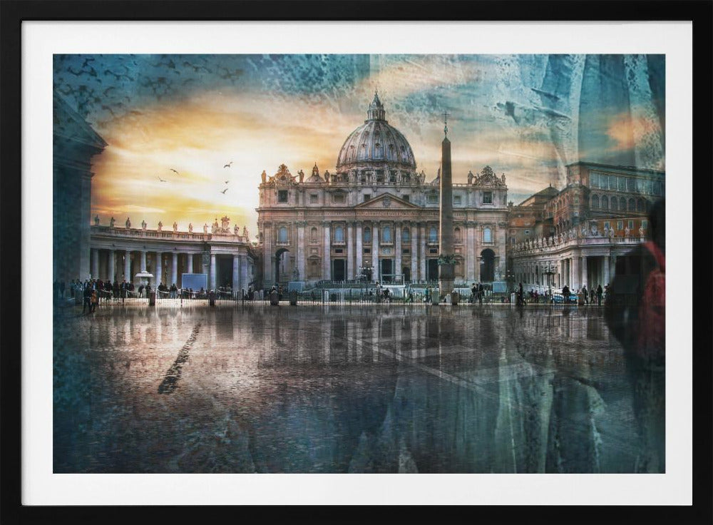 An artistic photograph of St. Peter's Basilica in Vatican City at sunset, with its reflection visible on the wet cobblestones of the square. The image has a textured overlay and a ghostly silhouette of a person with a red backpack on the right, all enclosed in a silver frame. Wall Art