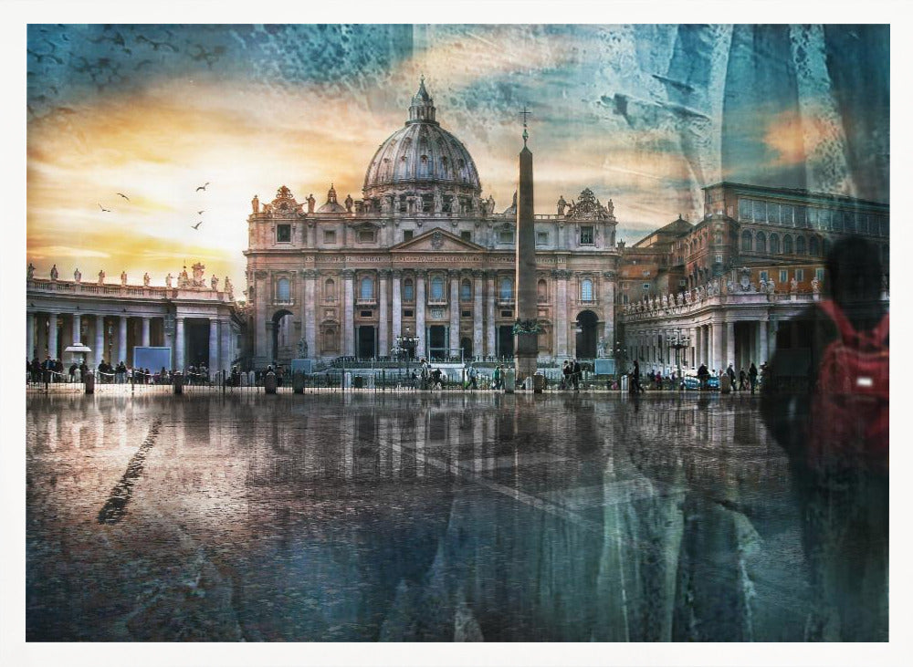 An artistic photograph of St. Peter's Basilica in Vatican City at sunset, with its reflection visible on the wet cobblestones of the square. The image has a textured overlay and a ghostly silhouette of a person with a red backpack on the right, all enclosed in a silver frame. Wall Art