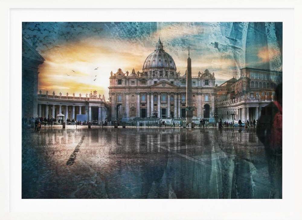 An artistic photograph of St. Peter's Basilica in Vatican City at sunset, with its reflection visible on the wet cobblestones of the square. The image has a textured overlay and a ghostly silhouette of a person with a red backpack on the right, all enclosed in a silver frame. Wall Art