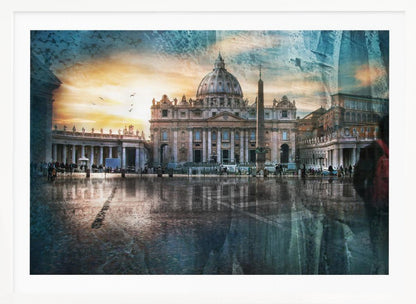 An artistic photograph of St. Peter's Basilica in Vatican City at sunset, with its reflection visible on the wet cobblestones of the square. The image has a textured overlay and a ghostly silhouette of a person with a red backpack on the right, all enclosed in a silver frame. Wall Art