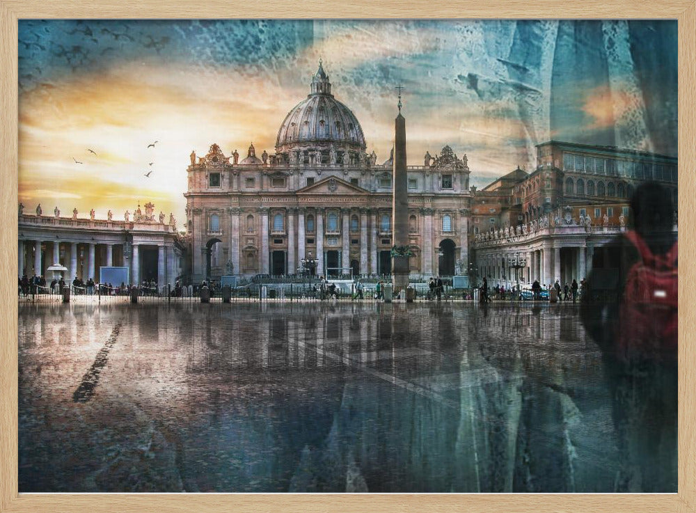 An artistic photograph of St. Peter's Basilica in Vatican City at sunset, with its reflection visible on the wet cobblestones of the square. The image has a textured overlay and a ghostly silhouette of a person with a red backpack on the right, all enclosed in a silver frame. Wall Art