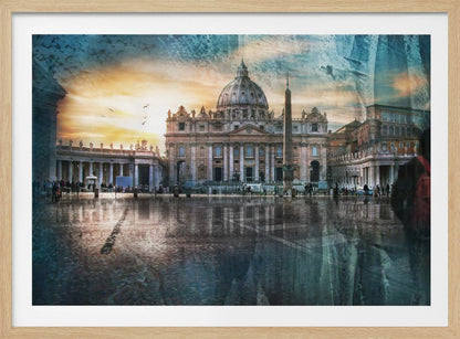 An artistic photograph of St. Peter's Basilica in Vatican City at sunset, with its reflection visible on the wet cobblestones of the square. The image has a textured overlay and a ghostly silhouette of a person with a red backpack on the right, all enclosed in a silver frame. Wall Art