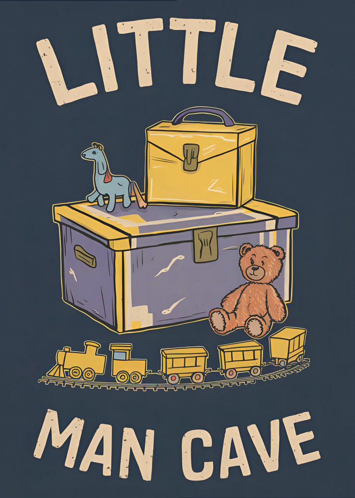 A framed vintage-style illustration with the text 'LITTLE MAN CAVE' on a dark blue background. The artwork features classic toys, including a toy chest, a teddy bear, a toy train on tracks, and a small horse on wheels. Decor