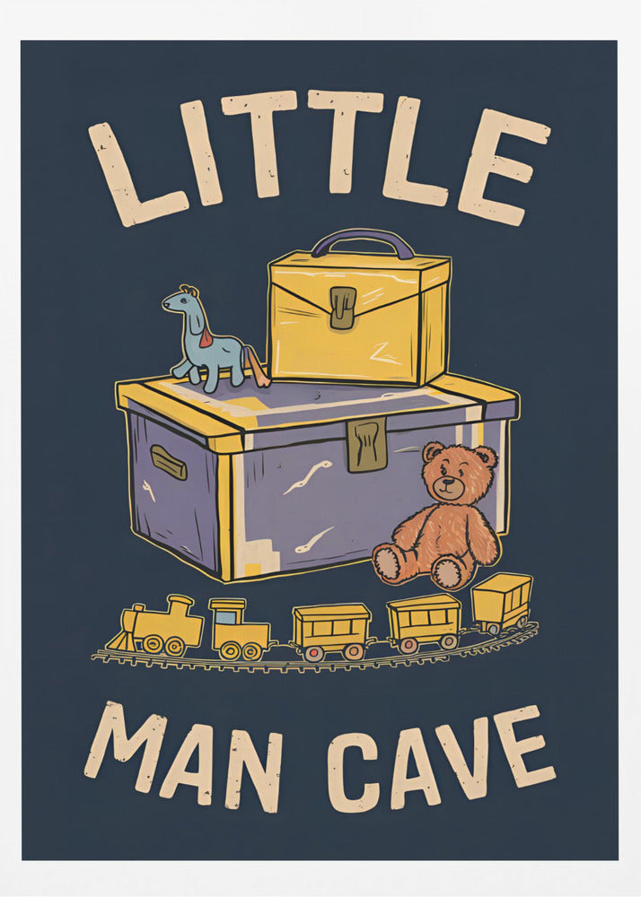 A framed vintage-style illustration with the text 'LITTLE MAN CAVE' on a dark blue background. The artwork features classic toys, including a toy chest, a teddy bear, a toy train on tracks, and a small horse on wheels. Decor