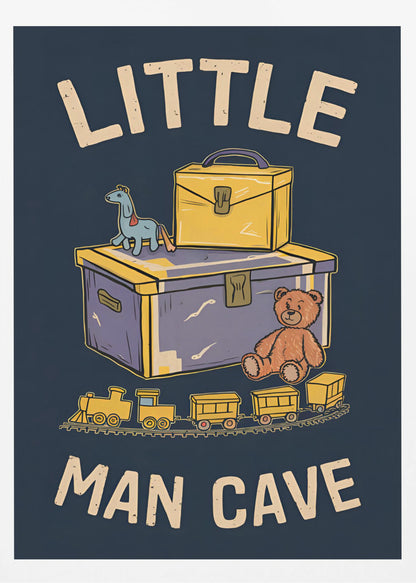 A framed vintage-style illustration with the text 'LITTLE MAN CAVE' on a dark blue background. The artwork features classic toys, including a toy chest, a teddy bear, a toy train on tracks, and a small horse on wheels. Decor
