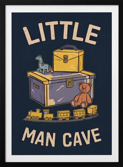 A framed vintage-style illustration with the text 'LITTLE MAN CAVE' on a dark blue background. The artwork features classic toys, including a toy chest, a teddy bear, a toy train on tracks, and a small horse on wheels. Decor