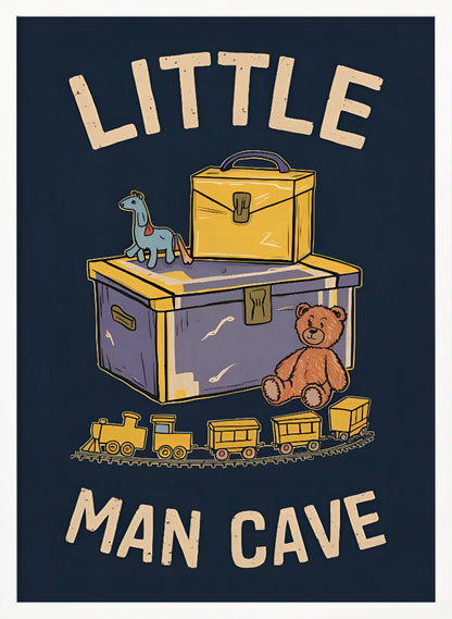 A framed vintage-style illustration with the text 'LITTLE MAN CAVE' on a dark blue background. The artwork features classic toys, including a toy chest, a teddy bear, a toy train on tracks, and a small horse on wheels. Decor