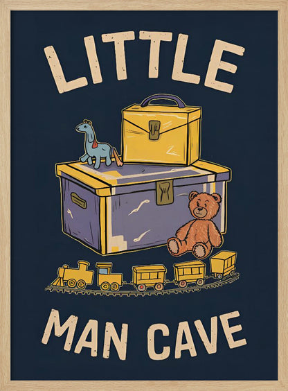 A framed vintage-style illustration with the text 'LITTLE MAN CAVE' on a dark blue background. The artwork features classic toys, including a toy chest, a teddy bear, a toy train on tracks, and a small horse on wheels. Decor