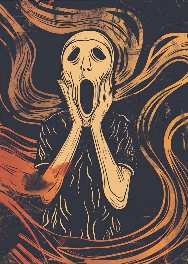 A graphic art interpretation of Edvard Munch's 'The Scream', featuring a stylized, pale figure with its hands on its cheeks and mouth agape. The background is dark navy blue with dynamic, swirling orange and yellow lines that convey a sense of turmoil and anxiety. Poster