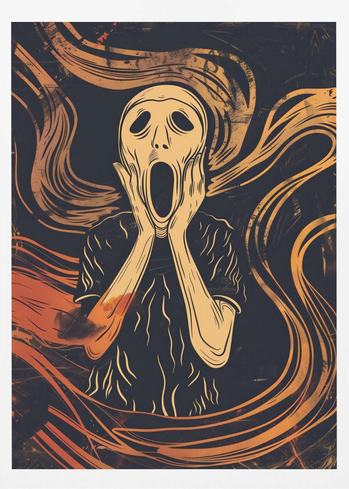 A graphic art interpretation of Edvard Munch's 'The Scream', featuring a stylized, pale figure with its hands on its cheeks and mouth agape. The background is dark navy blue with dynamic, swirling orange and yellow lines that convey a sense of turmoil and anxiety. Poster
