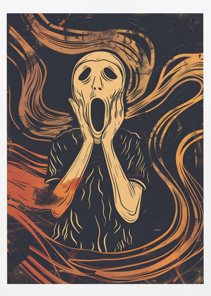 A graphic art interpretation of Edvard Munch's 'The Scream', featuring a stylized, pale figure with its hands on its cheeks and mouth agape. The background is dark navy blue with dynamic, swirling orange and yellow lines that convey a sense of turmoil and anxiety. Poster