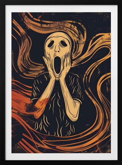 A graphic art interpretation of Edvard Munch's 'The Scream', featuring a stylized, pale figure with its hands on its cheeks and mouth agape. The background is dark navy blue with dynamic, swirling orange and yellow lines that convey a sense of turmoil and anxiety. Poster