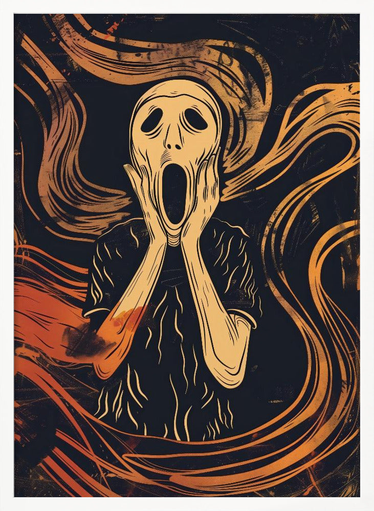 A graphic art interpretation of Edvard Munch's 'The Scream', featuring a stylized, pale figure with its hands on its cheeks and mouth agape. The background is dark navy blue with dynamic, swirling orange and yellow lines that convey a sense of turmoil and anxiety. Poster