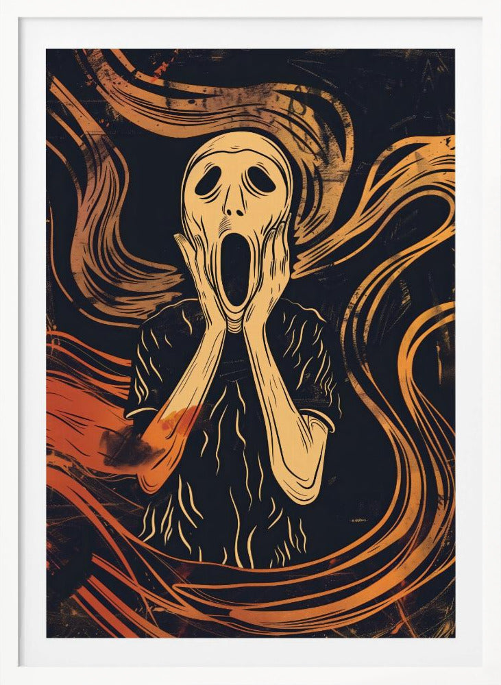 A graphic art interpretation of Edvard Munch's 'The Scream', featuring a stylized, pale figure with its hands on its cheeks and mouth agape. The background is dark navy blue with dynamic, swirling orange and yellow lines that convey a sense of turmoil and anxiety. Poster
